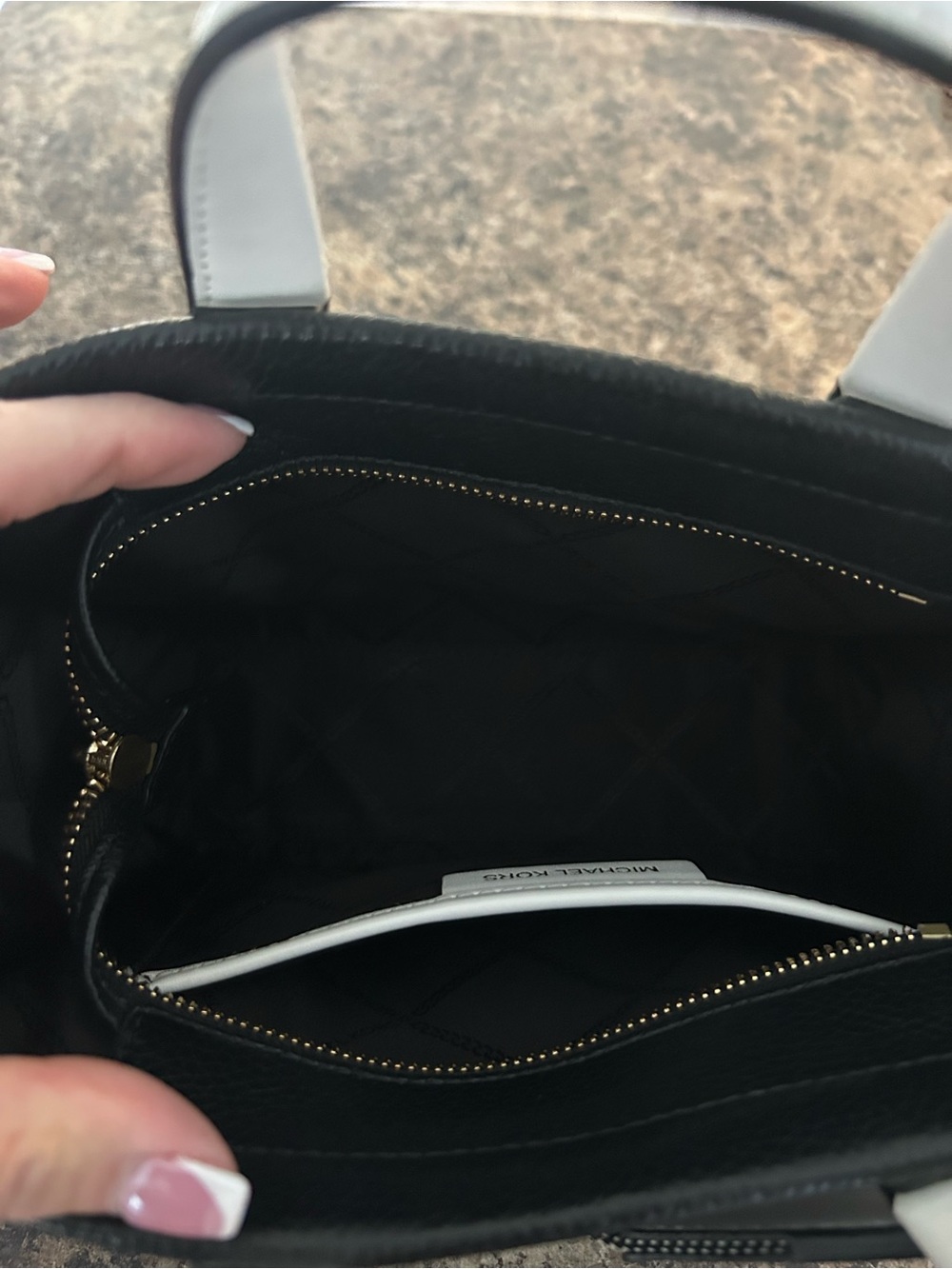 Michael Kors Black and White Logo Satchel with Striped Strap - Picture 3 of 4